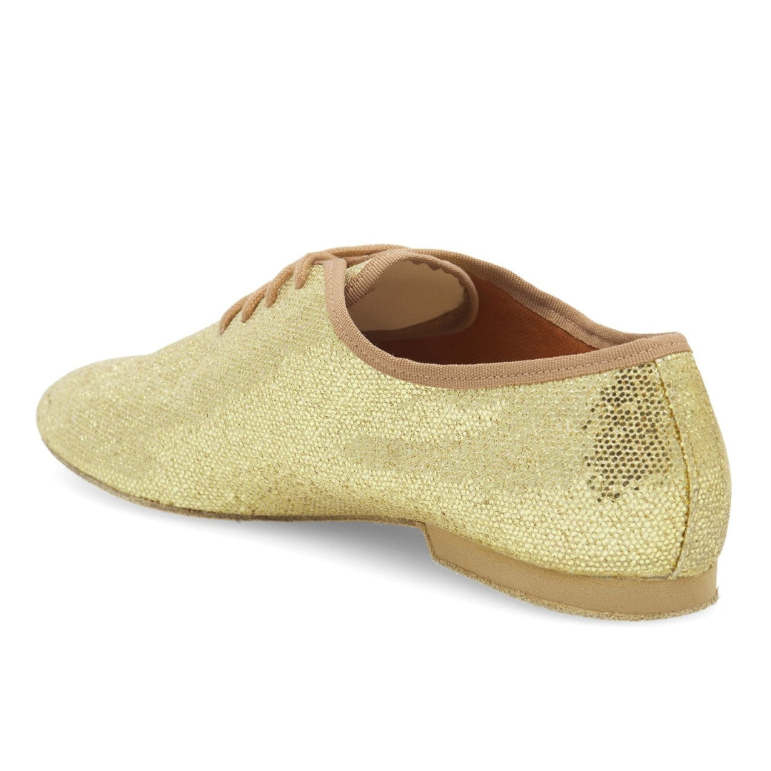 Goldener Rumpf JZE79 So Danca Jazzschuh mit glänzendem Obermaterial und Schnürsenkeln in Rück- u. Seitenansicht.